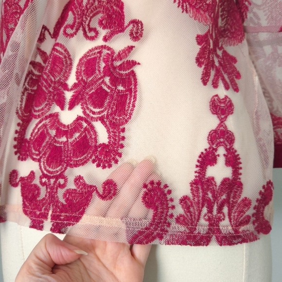 MinkPink Burgundy Red & Pink Paisley Sheer Embroidered Bell 3/4-Sleeve Top - Picture 7 of 8
